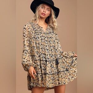 Free People Swinging Ruffled Mini Dress | Black Floral Metallic Print | Size XS